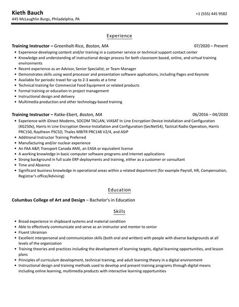 Training Instructor Resume Samples .